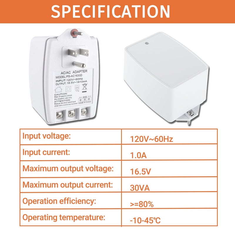 JAMHER 16.5 Volt Doorbell Transformer 16.5VAC 30VA 1810mA Plug in Transformer with PTC Fuse Compatible with Nest Ecobee Sensi and Honeywell Thermostat and All Versions of Ring Doorbell - Image 2